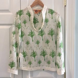 Tory Burch White Tunic with Green Palm Print